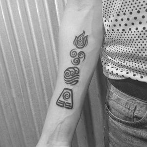 Abstract tattoo of the four elements on the right hand