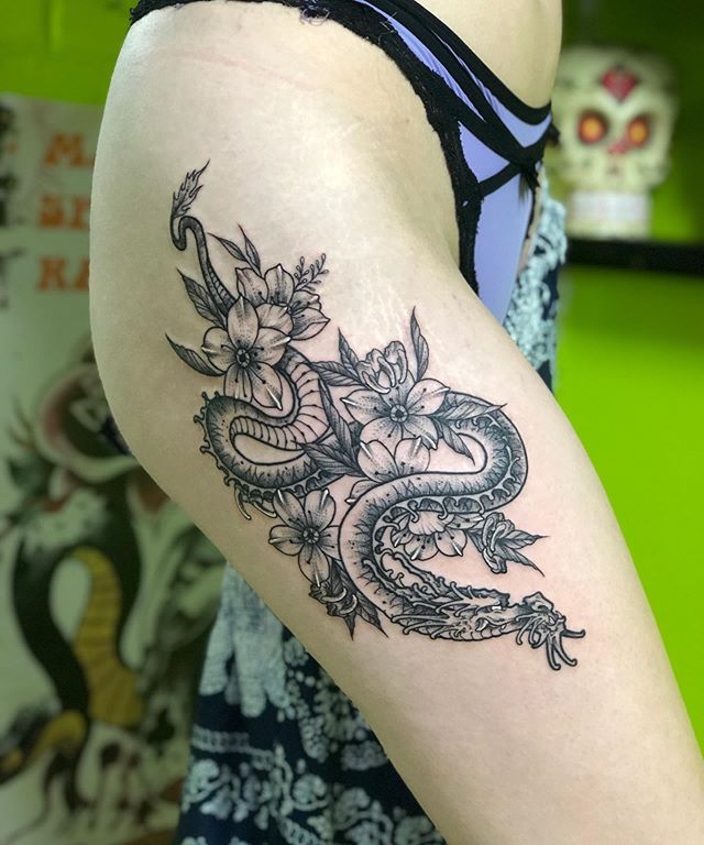Asian Dragon with Red Cherry Blossoms  Circle tattoos Dragon tattoo  designs Geometric tattoo arm