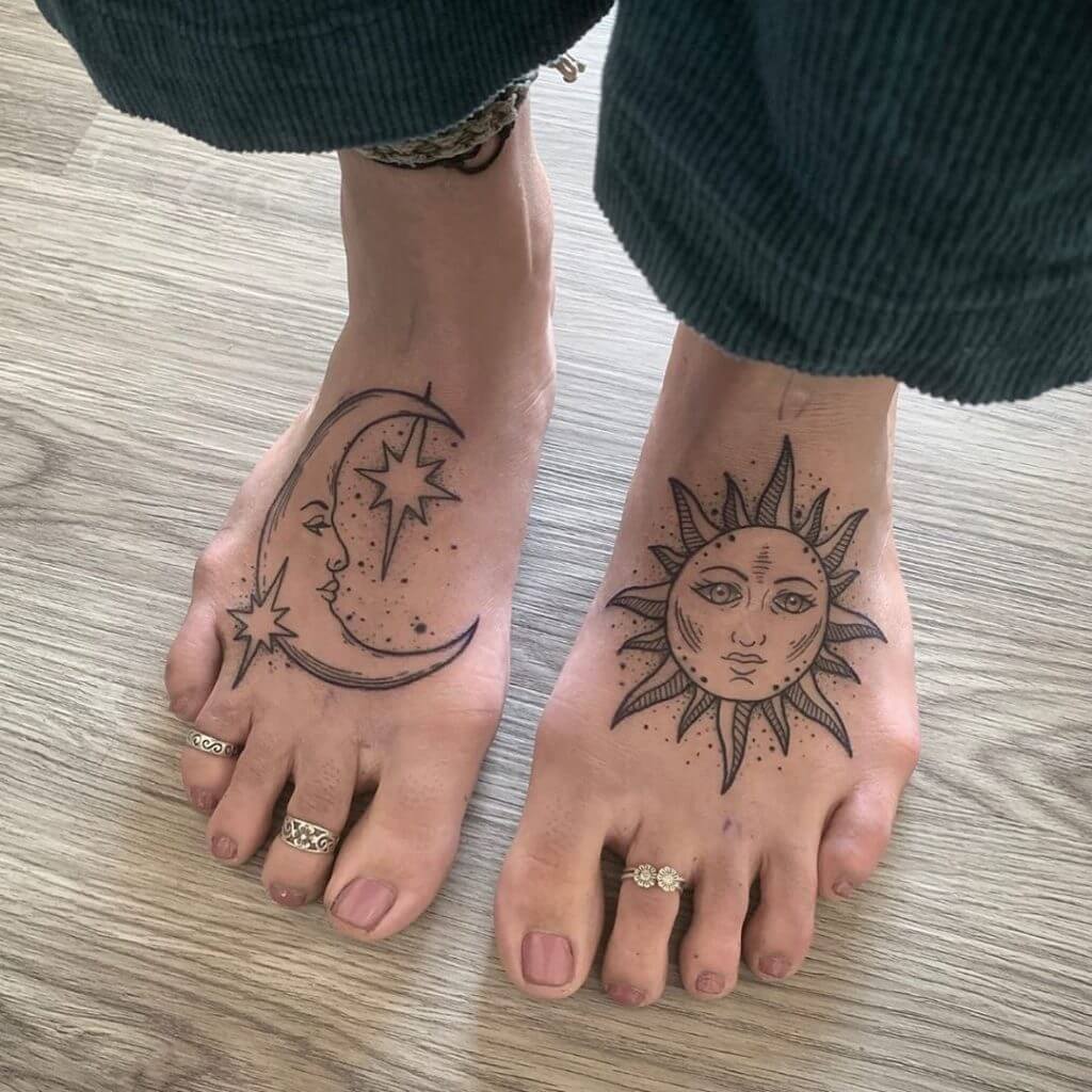 Black Female tattoo of a moon and the sun on the feet