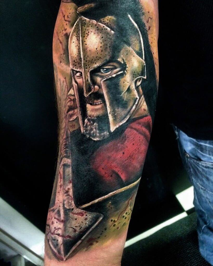 Color Tattoo of a male Warrior on the right forearm