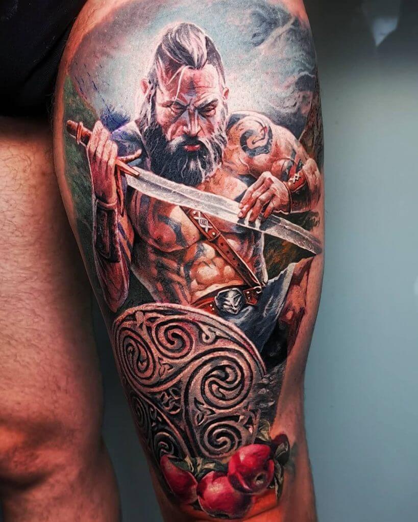 Color Tattoo of a male Warrior on the left thigh