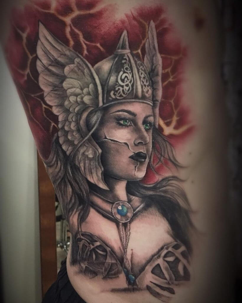 Color Tattoo of a female Warrior on the ribs