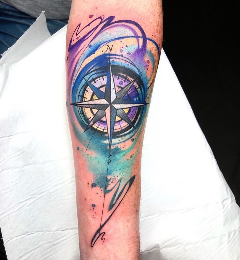 Watercolor Compass Tattoo by Larry Allen  Witch City Ink