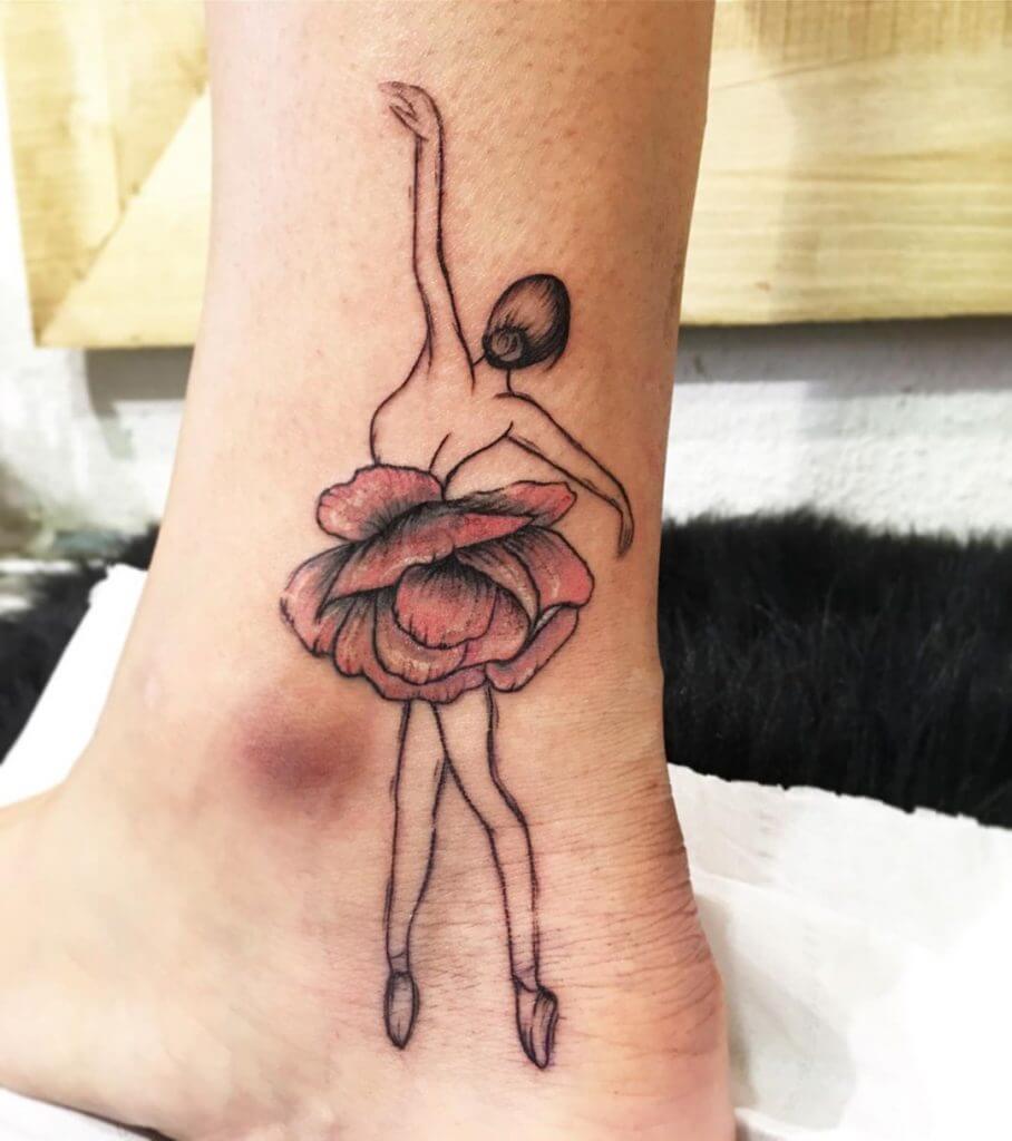 Female tattoo of a ballet dancer on the left foot