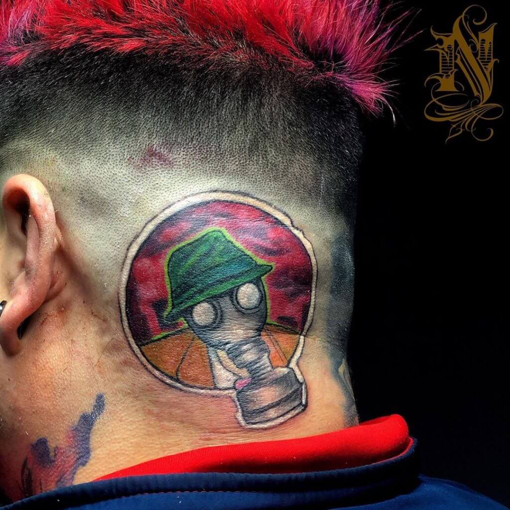 Sticker tattoo of a post-apocalyptic person on the head