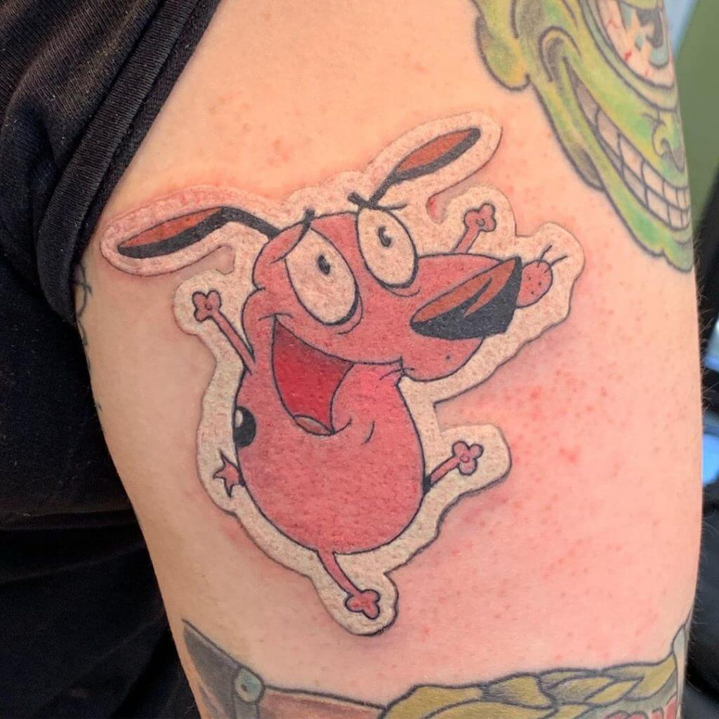 Sticker tattoo of Courage the Cowardly Dog on the side of the body