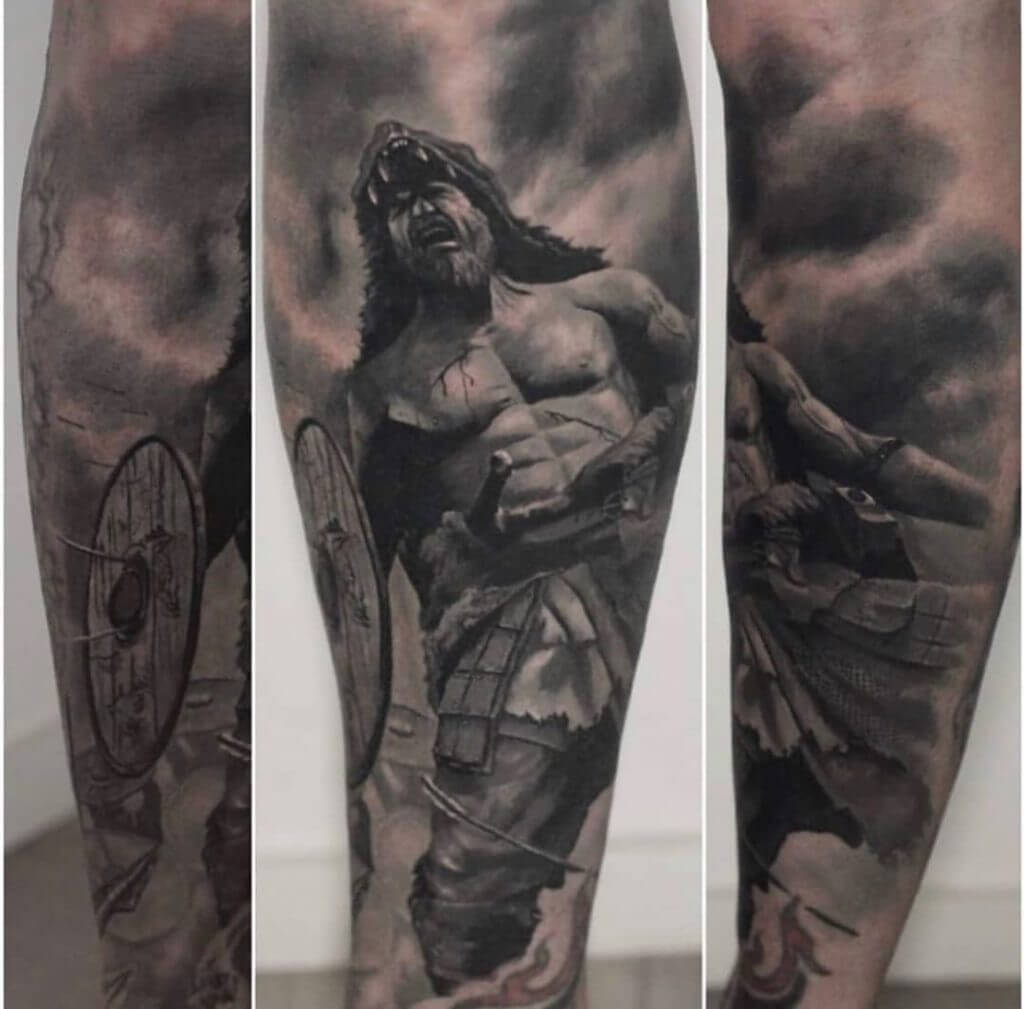 Black and Gray Tattoo of a male Warrior on the calf