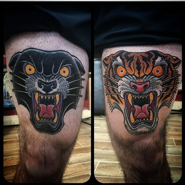 Black panther and Pink Panther tattoo on the thigh