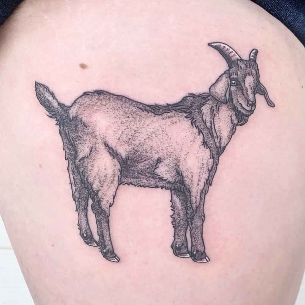 Dotwork Animal tattoo of a goat on the thigh
