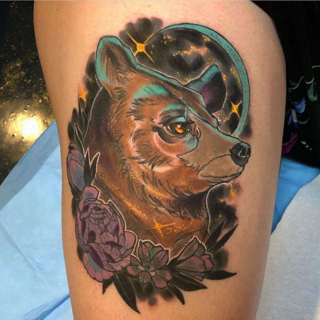 Color Animal tattoo of a bear on the thigh