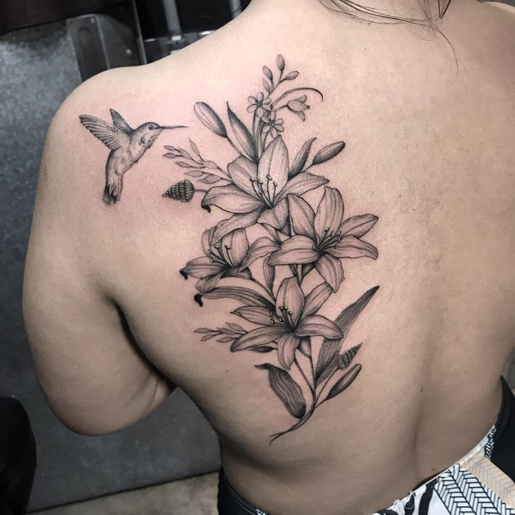 Tattoo uploaded by Stacie Mayer  Large floral upper back tattoo by DLacie  Jeanne flower floral botanical DLacieJeanne neotraditional  Tattoodo
