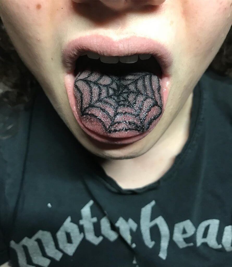 Tongue tattoo of a spider net