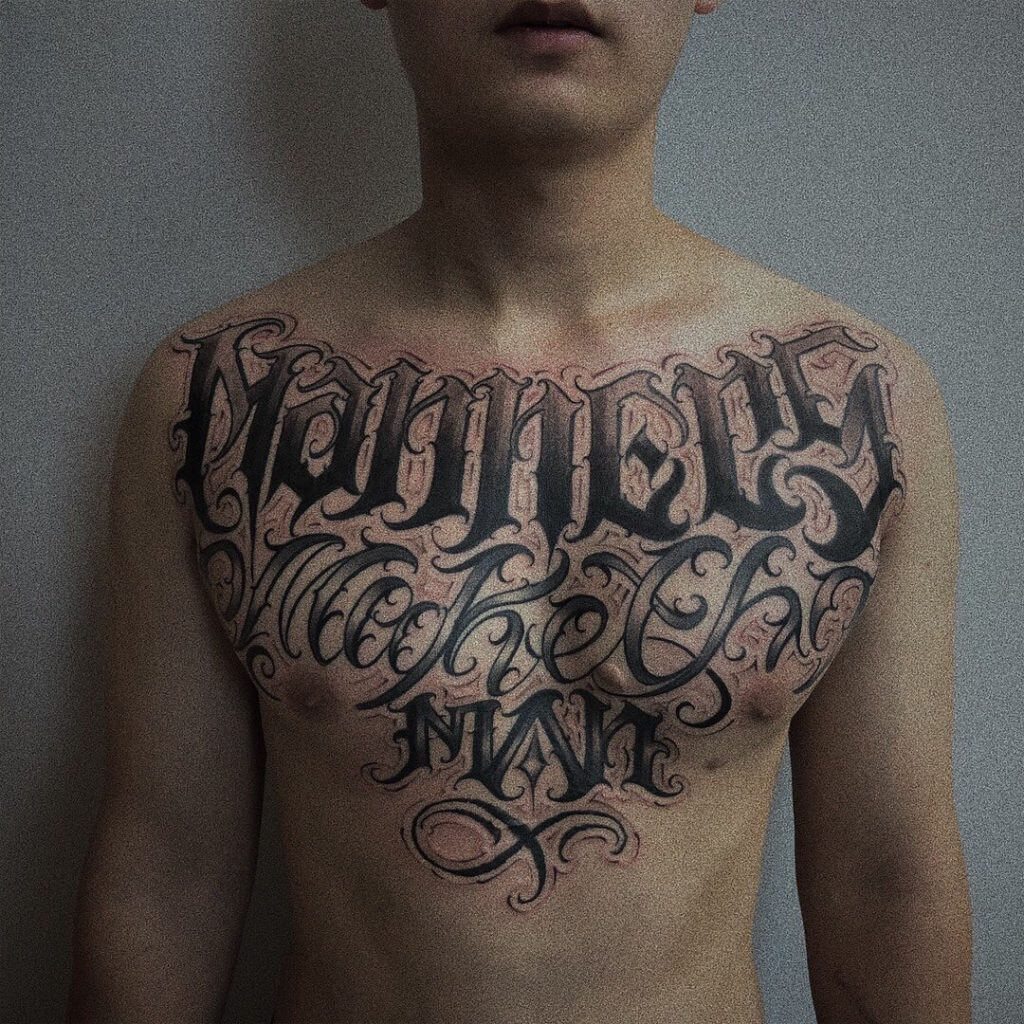 Stronger Than Ever Day After Day  Lettering Chest Tattoo