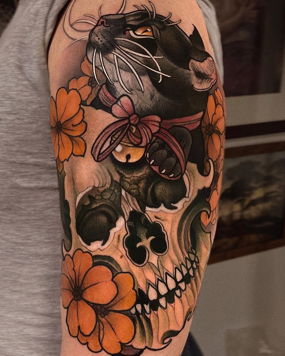 Traditional black and grey skull and snake first tattoo by Bryce  Shearer  Lombard Street Tattoo Portland OR  rtattoos