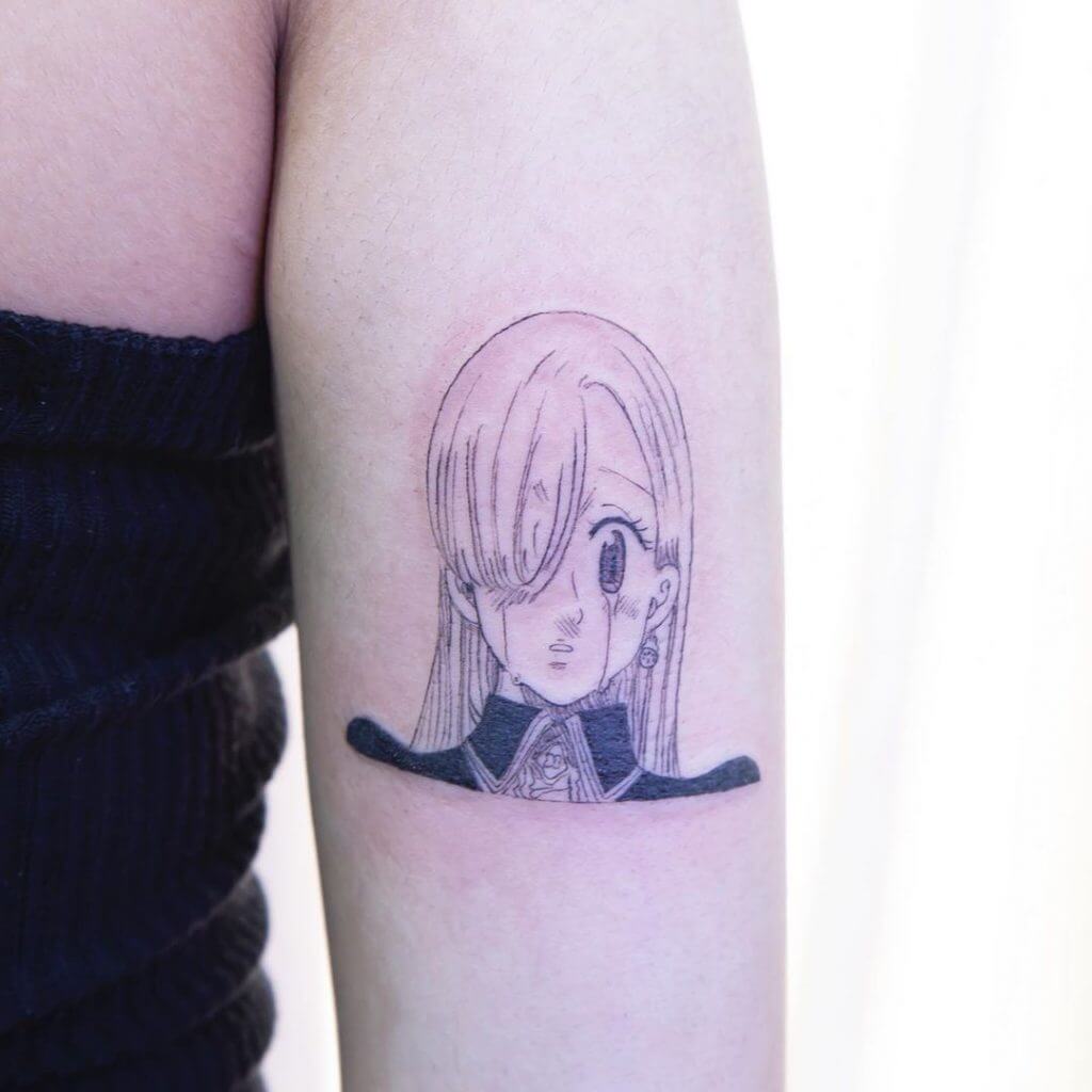 Women black cartoon tattoo of anime girl on the left arm