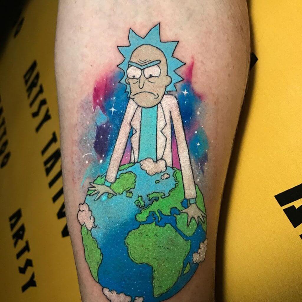 Color cartoon tattoo for men of Rick on the calf