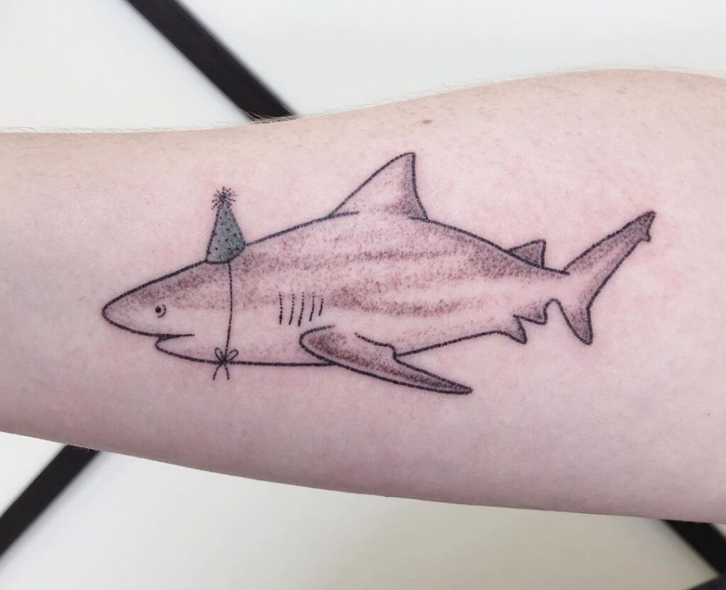Men black and gray dotwork tattoo of the shark