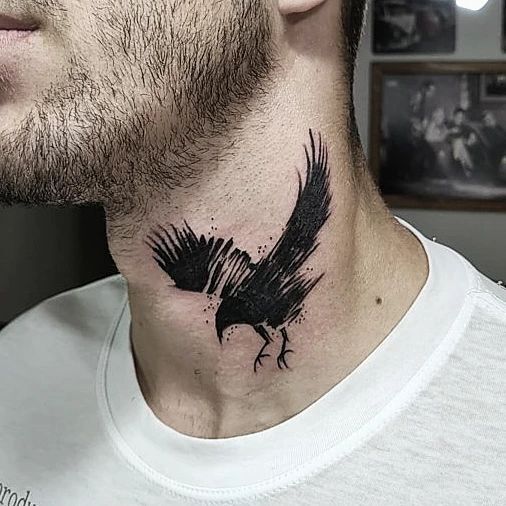 Crow neck tattoo Black and grey bird  Neck tattoo Tattoos Black tattoos