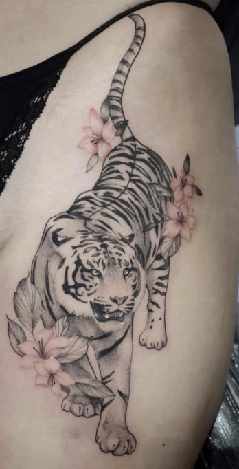 Aqua Tiger Tattoo On Women Left Back Shoulder