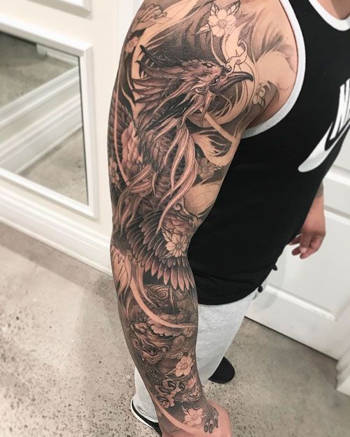 Sleeve tattoos with a phoenix theme
