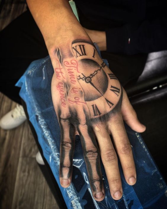 Skeleton hand into clock tattoo  Pretty hand tattoos Hand tattoos Hand  tattoos for guys