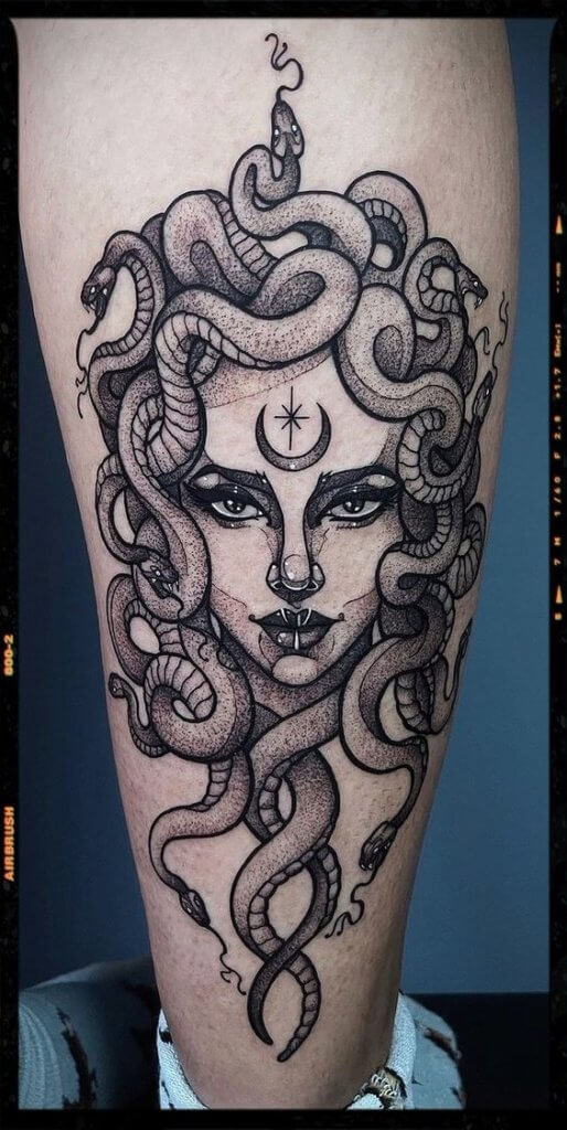 Medusa tattoo on the calf
