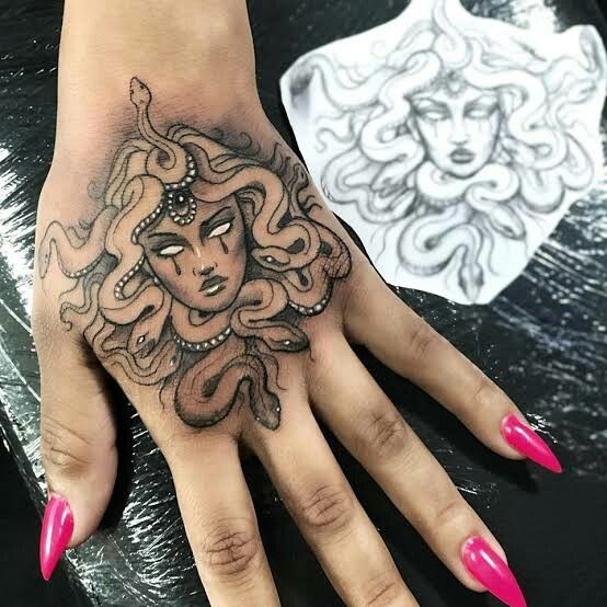Stunning black and white ideas for Medusa tattoo for your hand