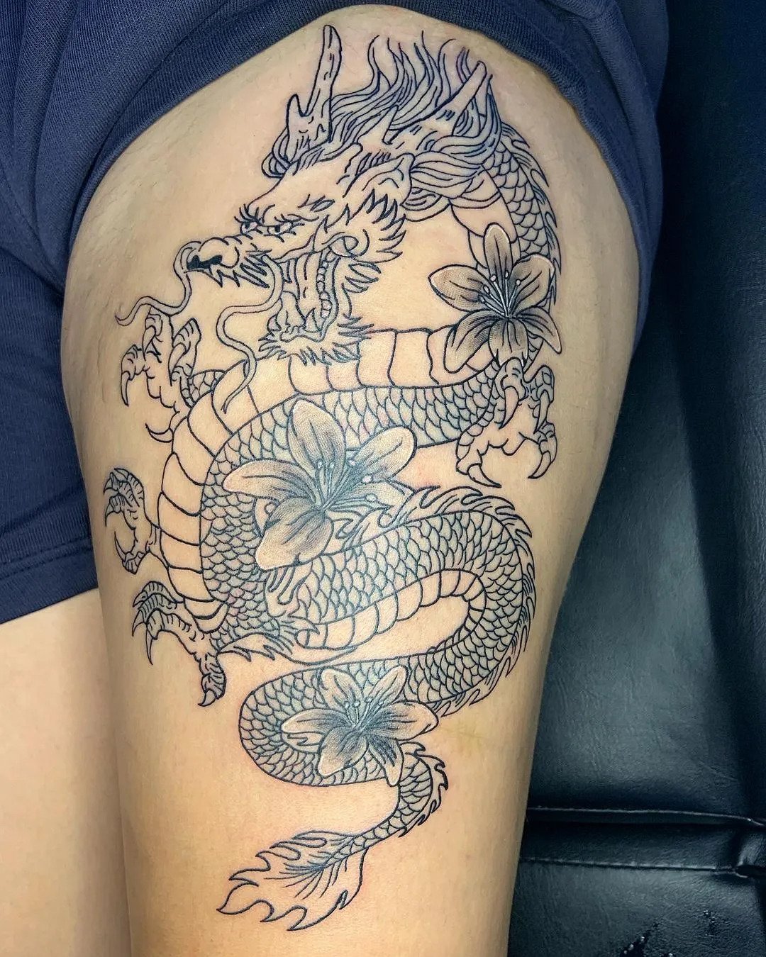 Thigh is perfect fit for amazing dragon tattoo