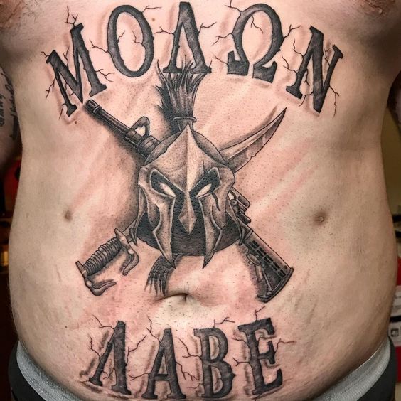 My first tattoo Molon Labe Artist instagram theendtattoo molonlabe  spartan comeandtakethem comeandtakei  Spartan tattoo Tattoos for  guys Greek tattoos