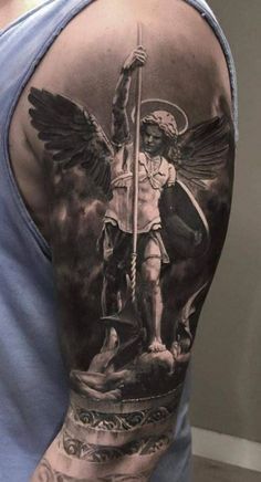 One of my custom half sleeves I got it by Brandi Bruce from Ft Bragg NC  Its St Michael watching ove  St michael tattoo Fire fighter tattoos Sleeve  tattoos