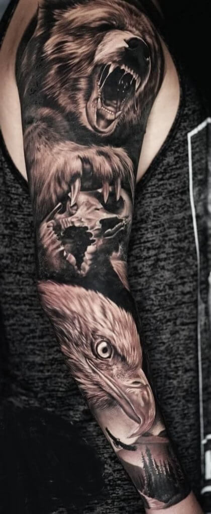 Sleeve realistic bear tattoo