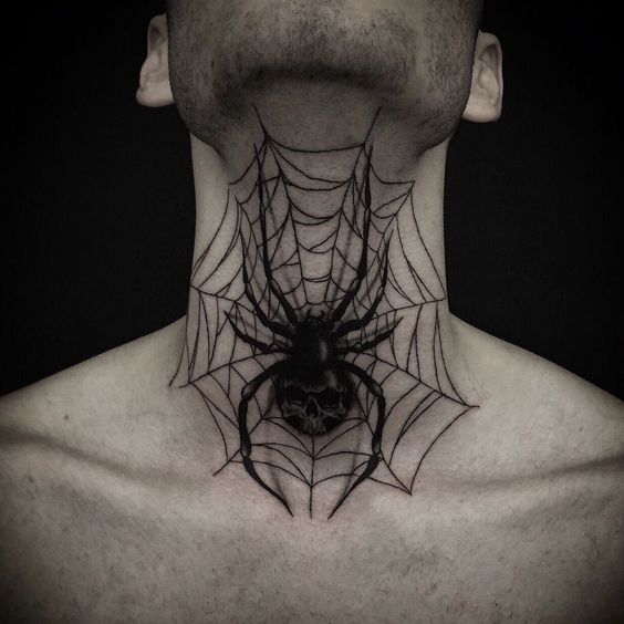 Neck spider web tattoo with spider