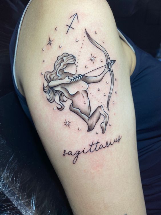 Sagittarius zodiac sign represented by bow and arrow and always modern tattoo idea