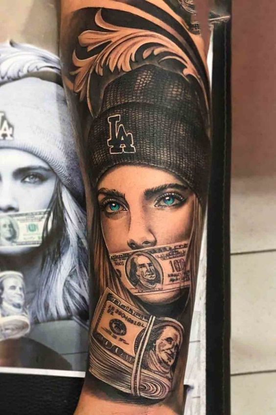 Forearm Chicano tattoo with money