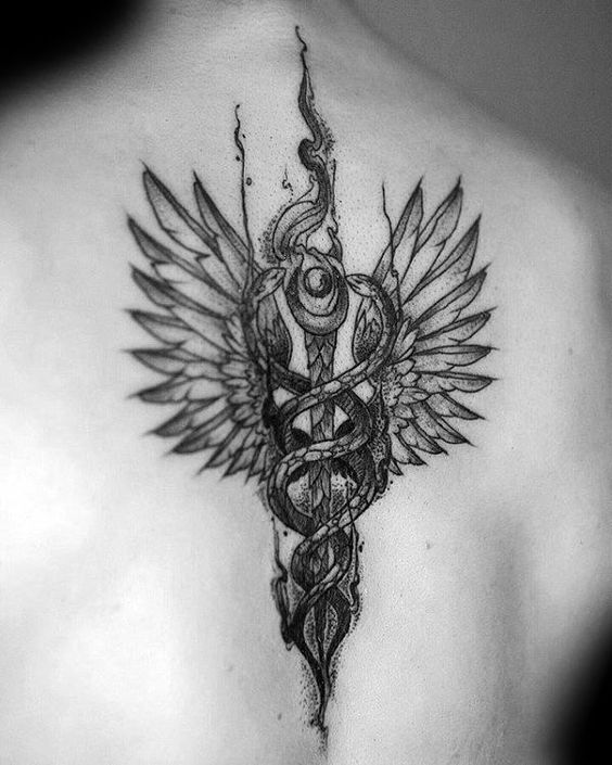 Caduceus is symbol from Greek mythology often used for tattoos