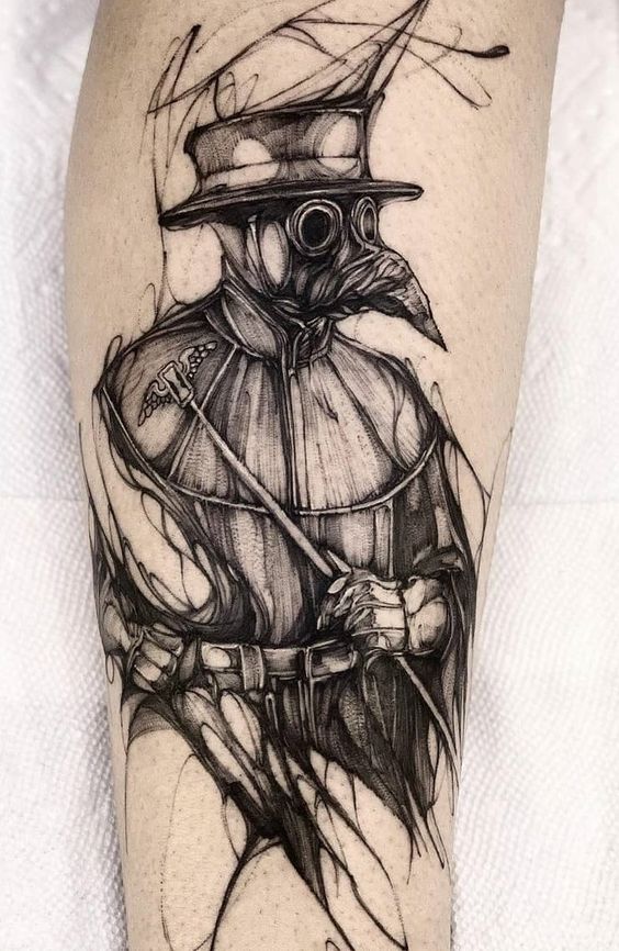 Plague Doctor tattoo on calf