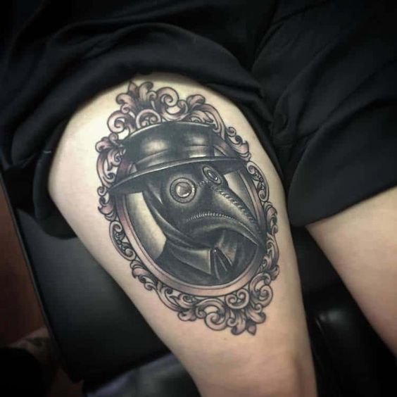 Plague Doctor tattoo on thigh