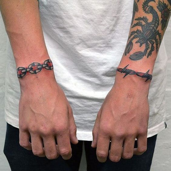 Tattoo of ring cross and chain around fingers wrist and hand Stock Photo   Alamy