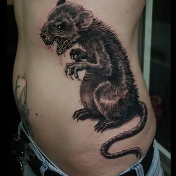 Captivating rat tattoo illustration on side showcasing the multifaceted symbolism of the rat.