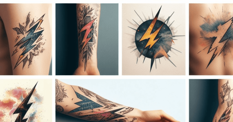 Collage of lightning tattoos in various styles and body placements